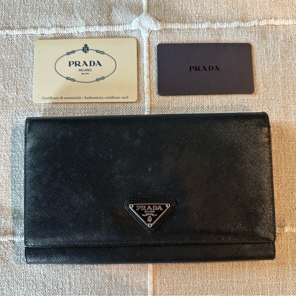 Prada Handbags - Prada | Portafoglio Portamon Saffiano Leather Nero Long Snap Button Wallet